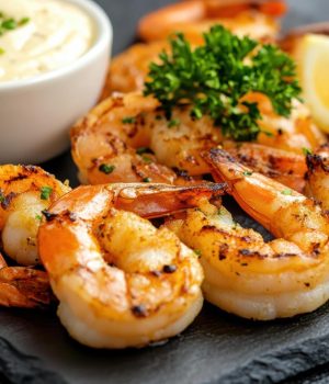 imgi_376_grilled-prawns-served-with-lemon-and-aioli-on-slate-plate-garnished-with-parsley-free-photo